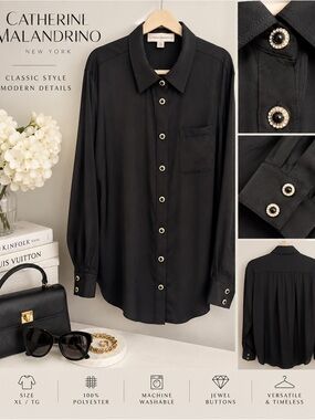 Catherine Malandrino Black Button-Front Blouse with Jewel Buttons